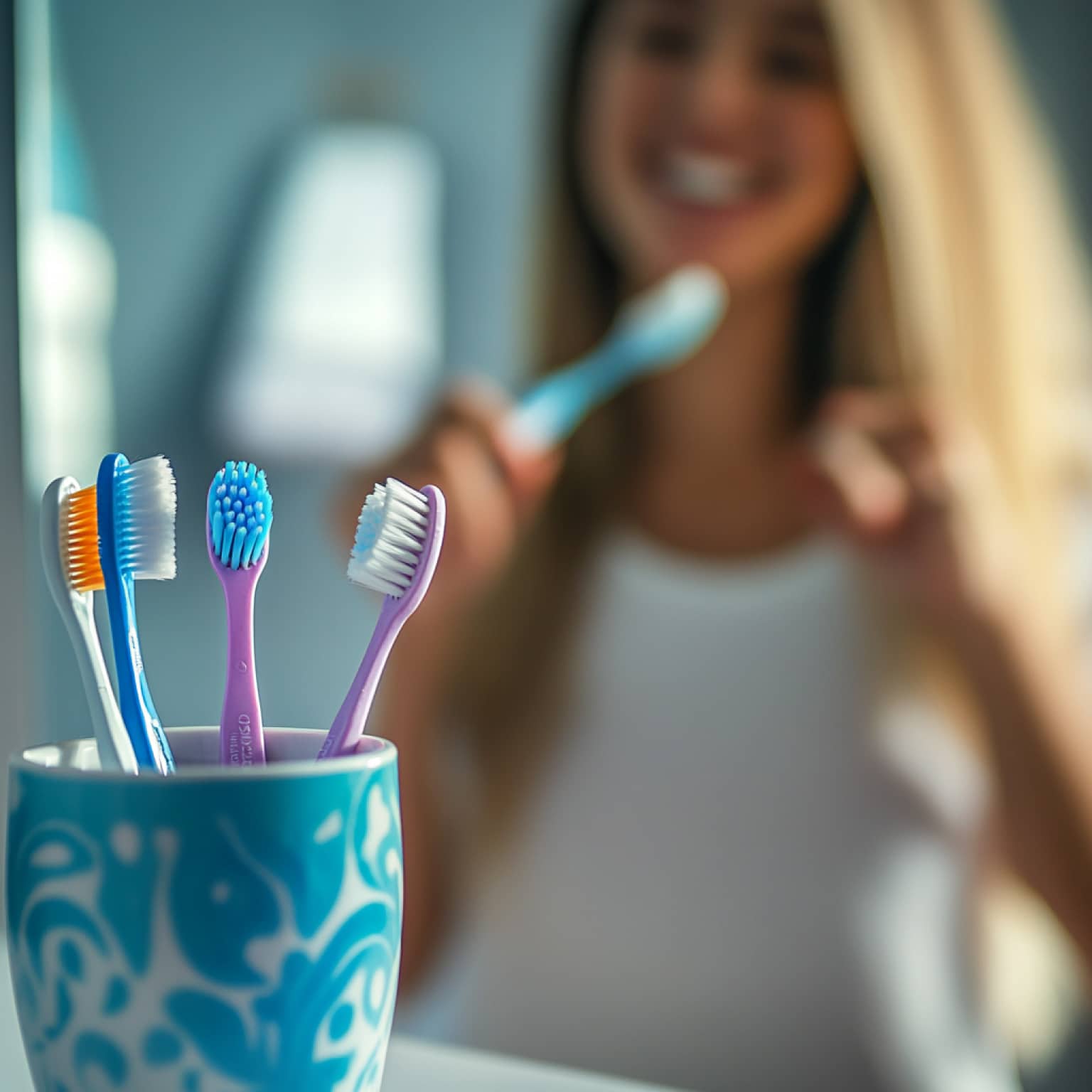A person smiling while brushing teeth is visible in the background, with colorful toothbrushes in a patterned cup in the foreground.