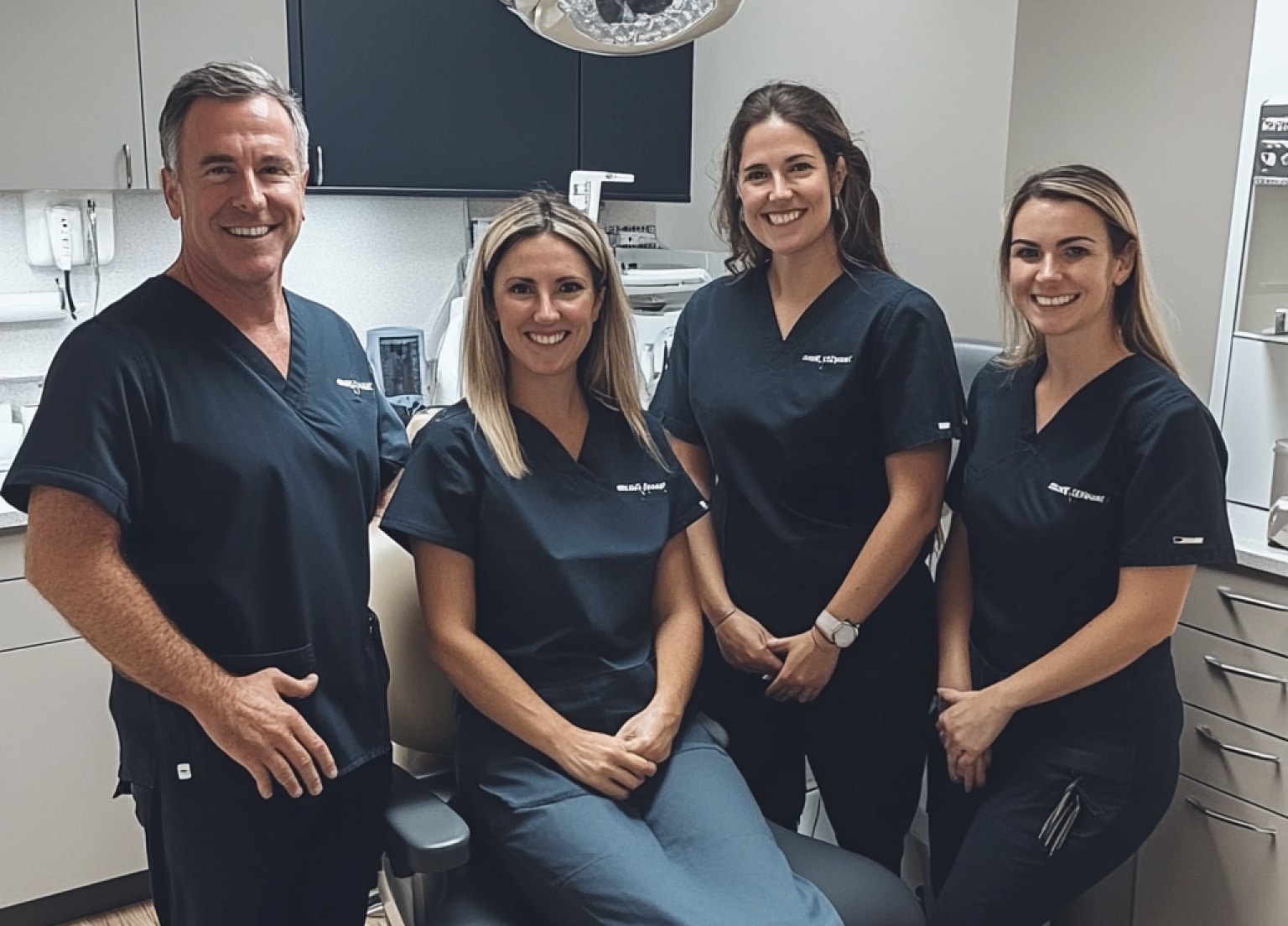 Four people in scrubs smiling inside a medical or dental office, standing and sitting, with cabinets and equipment in the background.