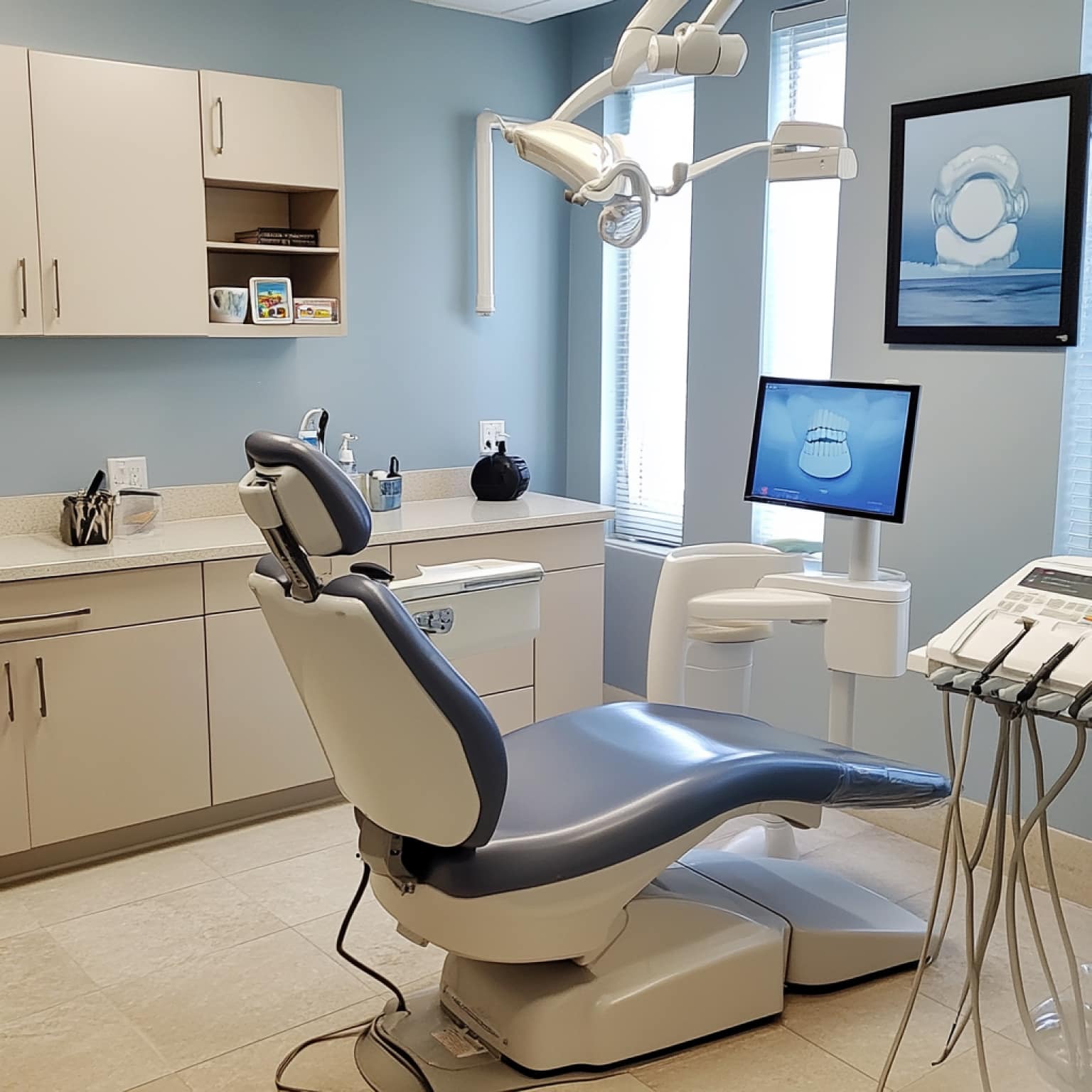 A modern dental office with a reclining chair, digital equipment, and sleek cabinetry. Bright, clean space with blue walls and natural light.
